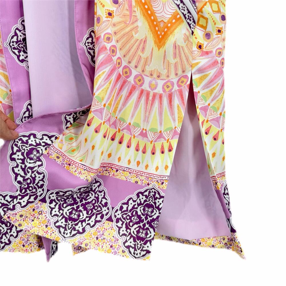Chico’s Sz 0 Purple Pastel Coastal Tile Floral Satin Boho Chic Duster Cardigan - Picture 8 of 13